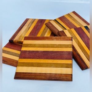 Vintage Wood Stripped Coasters. Set of 4